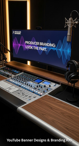 A modern studio desk with a mixing board and a monitor displaying a producer channel banner overlay .jpg