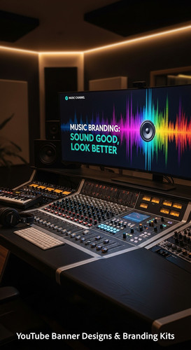 A modern studio desk with a mixing board and a monitor displaying a music channel banner overlay tex.jpg