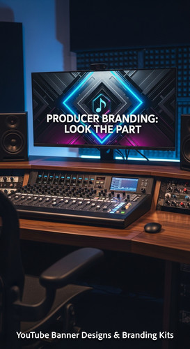 A modern studio desk with a mixing board and a monitor displaying a producer channel banner overlay .jpg