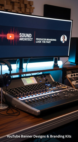 A modern studio desk with a mixing board and a monitor displaying a producer channel banner overlay .jpg