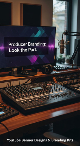A modern studio desk with a mixing board and a monitor displaying a producer channel banner overlay .jpg