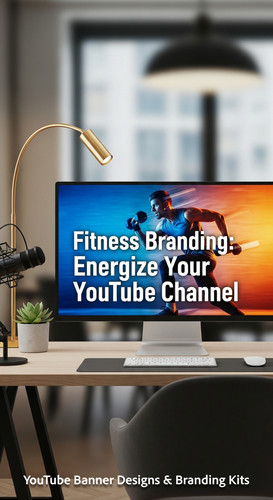 A modern desk with a gold lamp and a screen displaying a fitness channel banner overlay text Fitness.jpg