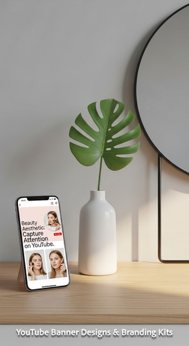 A minimalist vanity with a phone displaying a beauty tutorial thumbnail overlay text Beauty Aestheti.jpg