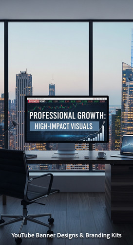 A modern office with a city view a monitor displaying a business channel banner overlay text Profess.jpg