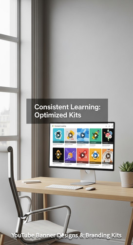 A minimalist workspace with a large window a monitor showing an educational thumbnail grid overlay t.jpg