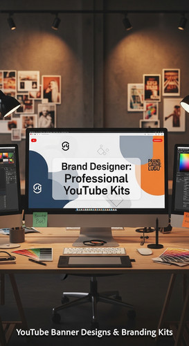 A graphic design studio a monitor displaying a branding portfolio channel art overlay text Brand Des.jpg