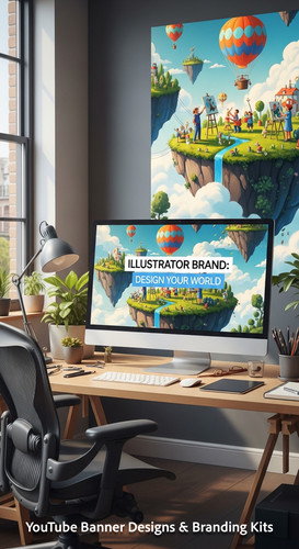 A graphic design studio a monitor displaying a cohesive illustration channel art overlay text Illust.jpg
