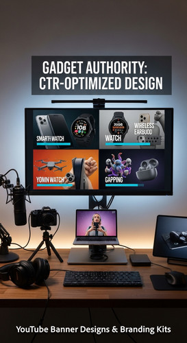 A tech reviewers desk with gadgets and a monitor showing a gadget review thumbnail grid overlay text.jpg