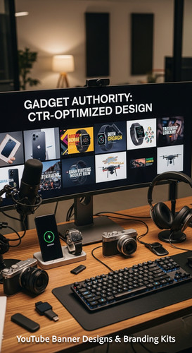 A tech reviewers desk with gadgets and a monitor showing a gadget review thumbnail grid overlay text.jpg