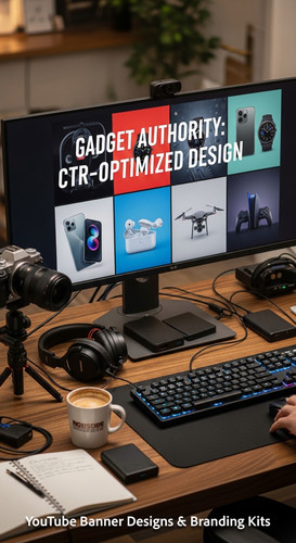 A tech reviewers desk with gadgets and a monitor showing a gadget review thumbnail grid overlay text.jpg