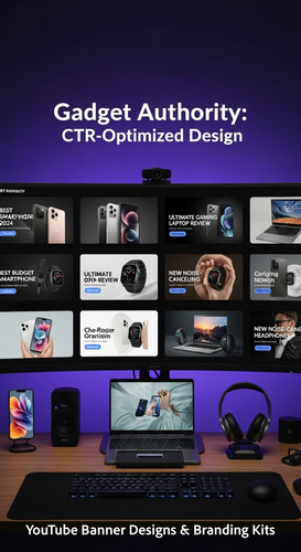 A tech reviewers desk with gadgets and a monitor showing a gadget review thumbnail grid overlay text.jpg