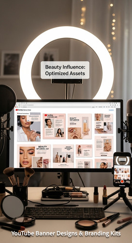 A vloggers setup with a ring light and a monitor showing a cohesive beauty channel kit overlay text .jpg