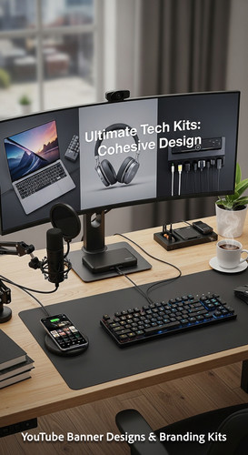 A tech reviewers desk with gadgets and a monitor showing a multipanel tech banner overlay text Ultim.jpg