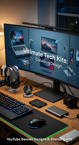 A tech reviewers desk with gadgets and a monitor showing a multipanel tech banner overlay text Ultim.jpg