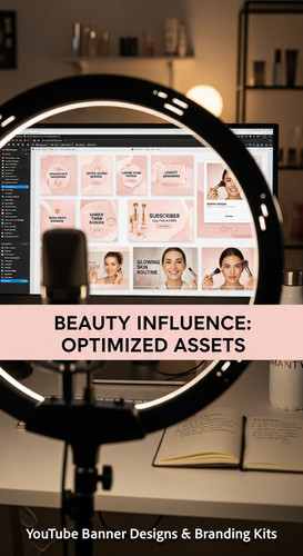 A vloggers setup with a ring light and a monitor showing a cohesive beauty channel kit overlay text .jpg