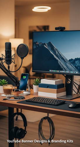 A tech reviewers desk with gadgets and a monitor showing a multipanel tech banner overlay text Ultim.jpg