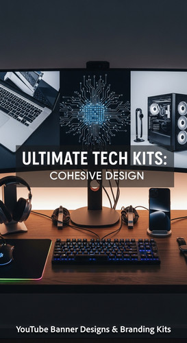 A tech reviewers desk with gadgets and a monitor showing a multipanel tech banner overlay text Ultim.jpg