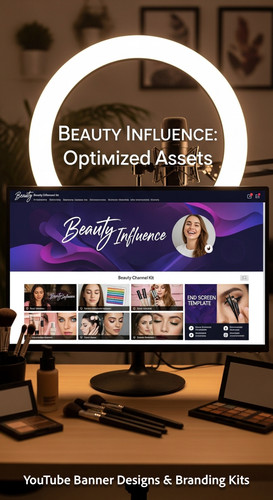 A vloggers setup with a ring light and a monitor showing a cohesive beauty channel kit overlay text .jpg