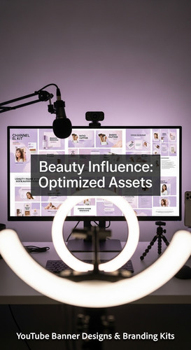 A vloggers setup with a ring light and a monitor showing a cohesive beauty channel kit overlay text .jpg