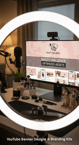 A vloggers setup with a ring light and a monitor showing a cohesive beauty channel kit overlay text .jpg