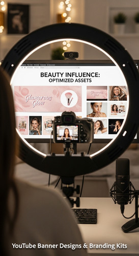 A vloggers setup with a ring light and a monitor showing a cohesive beauty channel kit overlay text .jpg