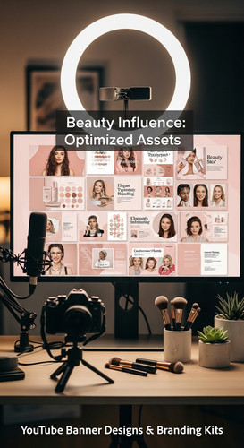 A vloggers setup with a ring light and a monitor showing a cohesive beauty channel kit overlay text .jpg