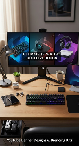 A tech reviewers desk with gadgets and a monitor showing a multipanel tech banner overlay text Ultim.jpg