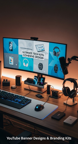 A tech reviewers desk with gadgets and a monitor showing a multipanel tech banner overlay text Ultim.jpg