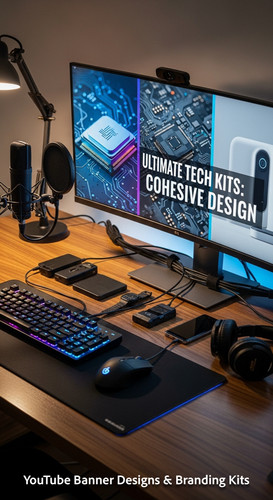A tech reviewers desk with gadgets and a monitor showing a multipanel tech banner overlay text Ultim.jpg
