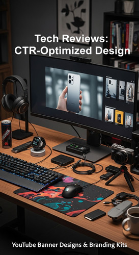 A tech reviewers desk with gadgets and a monitor showing a gadget review thumbnail set overlay text .jpg