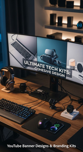 A tech reviewers desk with gadgets and a monitor showing a multipanel tech banner overlay text Ultim.jpg