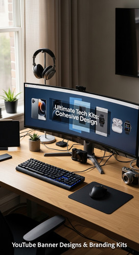 A tech reviewers desk with gadgets and a monitor showing a multipanel tech banner overlay text Ultim.jpg