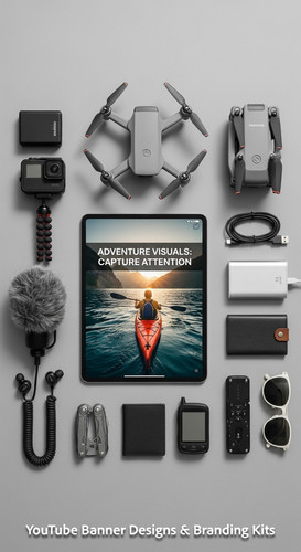 Minimalist flat lay of outdoor gear and a tablet showing a cohesive adventure vlog kit overlay text .jpg