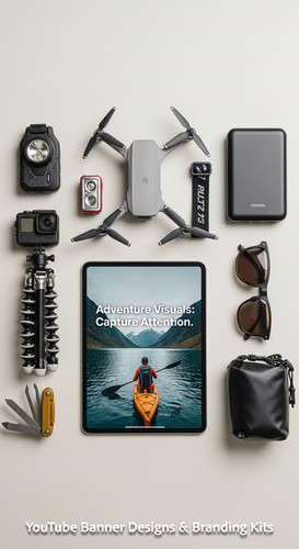 Minimalist flat lay of outdoor gear and a tablet showing a cohesive adventure vlog kit overlay text .jpg