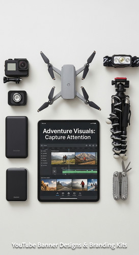 Minimalist flat lay of outdoor gear and a tablet showing a cohesive adventure vlog kit overlay text .jpg