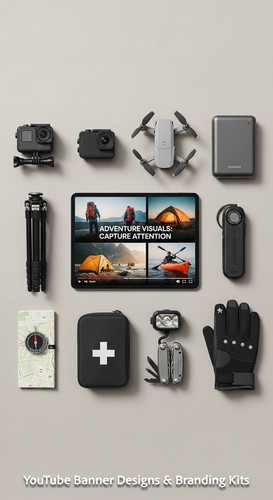 Minimalist flat lay of outdoor gear and a tablet showing a cohesive adventure vlog kit overlay text .jpg