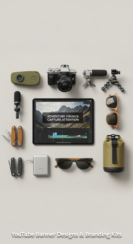 Minimalist flat lay of outdoor gear and a tablet showing a cohesive adventure vlog kit overlay text .jpg