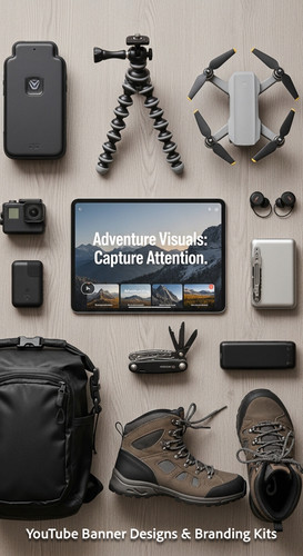 Minimalist flat lay of outdoor gear and a tablet showing a cohesive adventure vlog kit overlay text .jpg