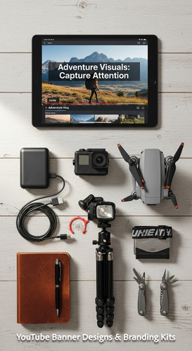 Minimalist flat lay of outdoor gear and a tablet showing a cohesive adventure vlog kit overlay text .jpg