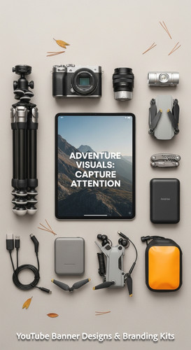 Minimalist flat lay of outdoor gear and a tablet showing a cohesive adventure vlog kit overlay text .jpg