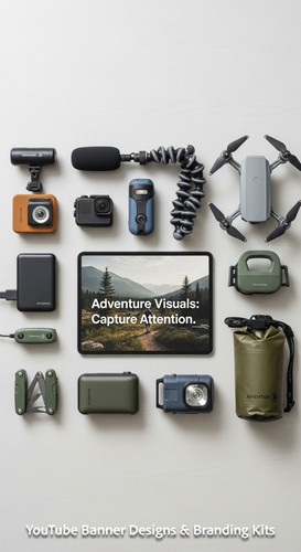 Minimalist flat lay of outdoor gear and a tablet showing a cohesive adventure vlog kit overlay text .jpg