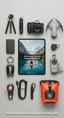 Minimalist flat lay of outdoor gear and a tablet showing a cohesive adventure vlog kit overlay text .jpg