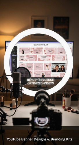 A vloggers setup with a ring light and a monitor showing a cohesive beauty channel kit overlay text .jpg