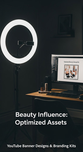 A vloggers setup with a ring light and a monitor showing a cohesive beauty channel kit overlay text .jpg