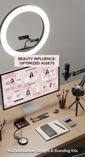 A vloggers setup with a ring light and a monitor showing a cohesive beauty channel kit overlay text .jpg