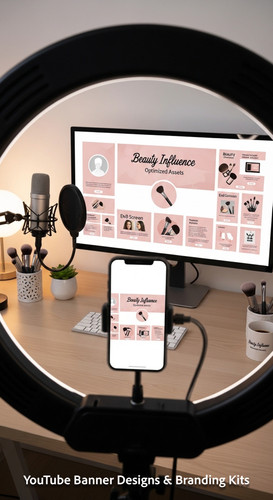 A vloggers setup with a ring light and a monitor showing a cohesive beauty channel kit overlay text .jpg
