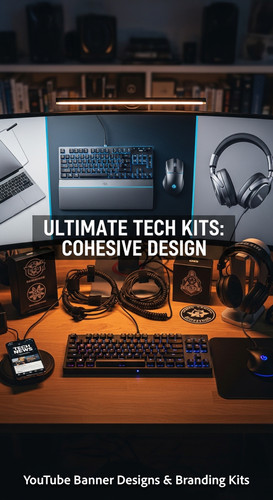 A tech reviewers desk with gadgets and a monitor showing a multipanel tech banner overlay text Ultim.jpg