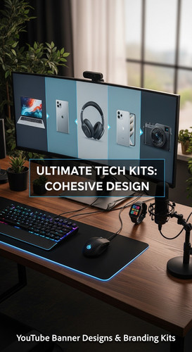 A tech reviewers desk with gadgets and a monitor showing a multipanel tech banner overlay text Ultim.jpg