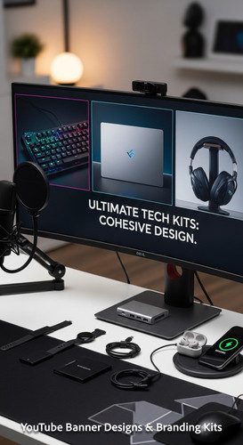 A tech reviewers desk with gadgets and a monitor showing a multipanel tech banner overlay text Ultim.jpg