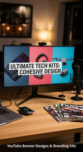 A tech reviewers desk with gadgets and a monitor showing a multipanel tech banner overlay text Ultim.jpg